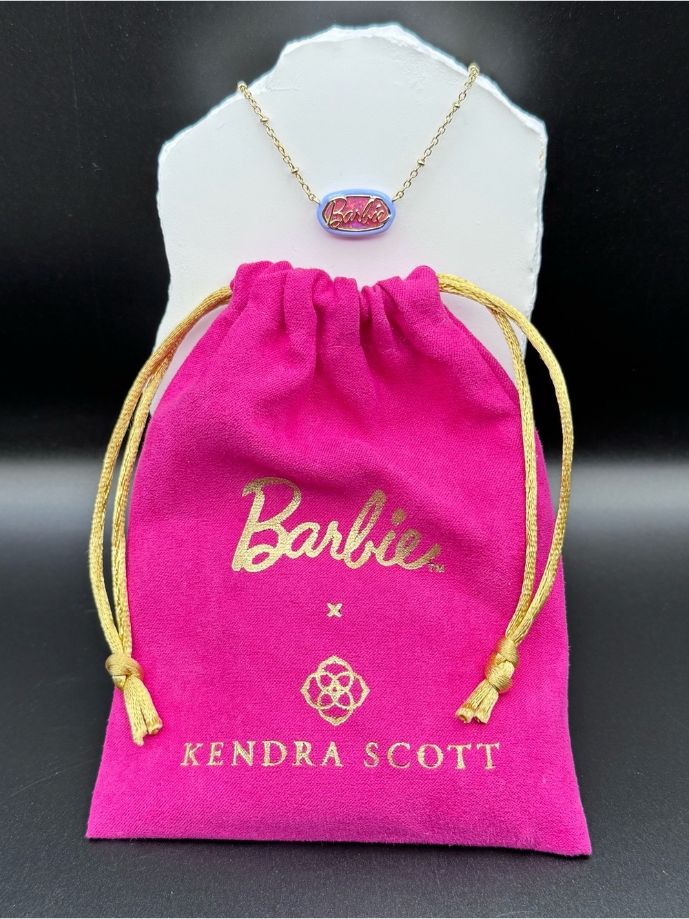 NWT Barbie x Kendra Scott Elisa Reversible Necklace Pink Glitter Glass Gold
